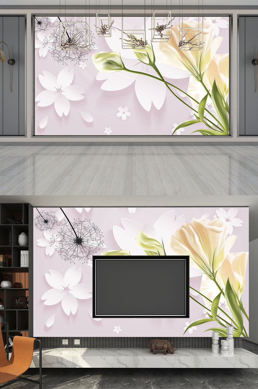 手绘百合背景墙素材