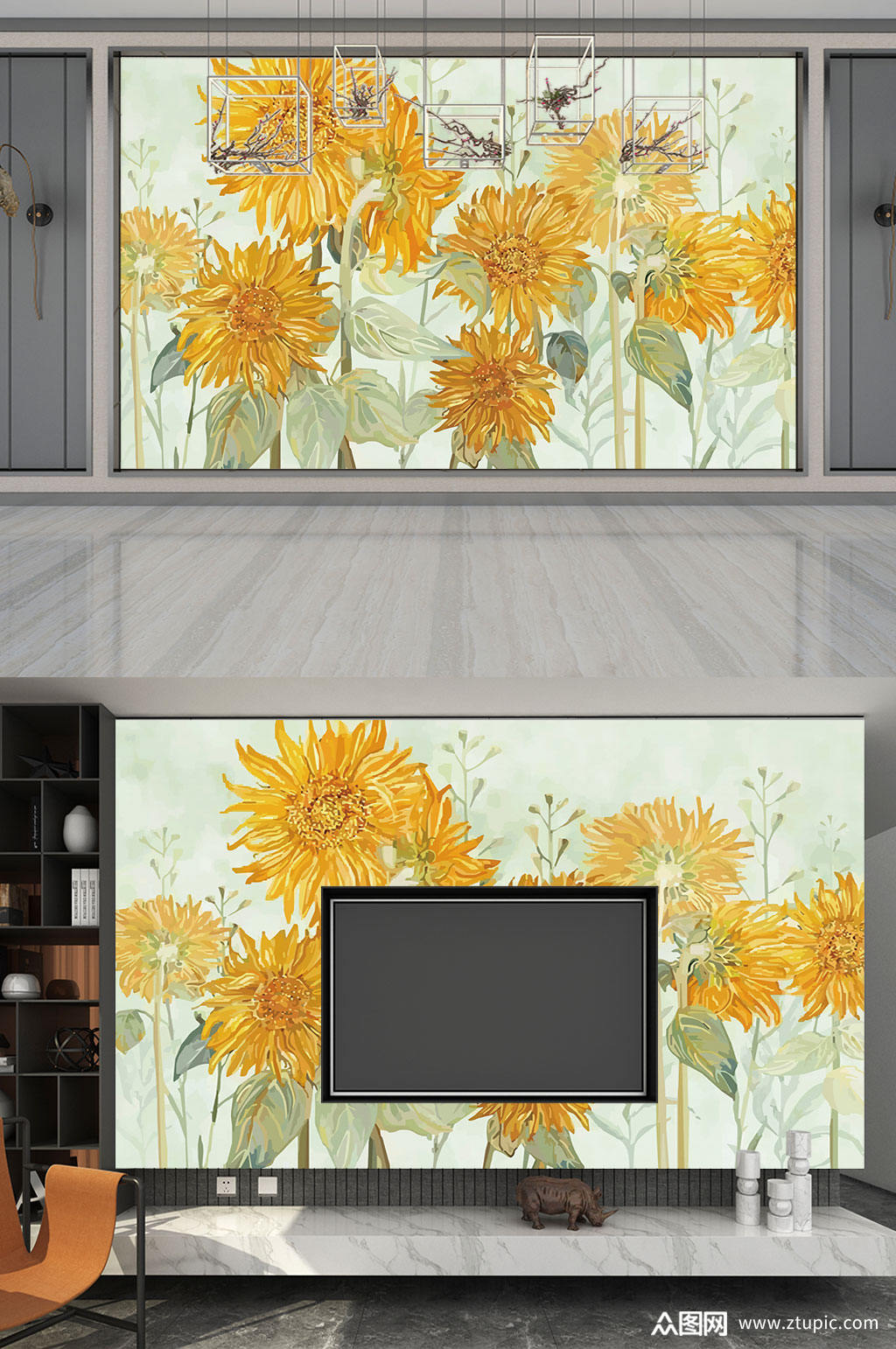 水彩手绘 向日葵背景墙素材