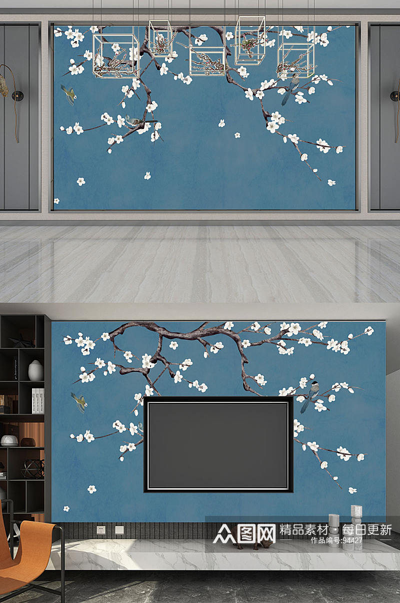 油画中国风花鸟背景墙素材