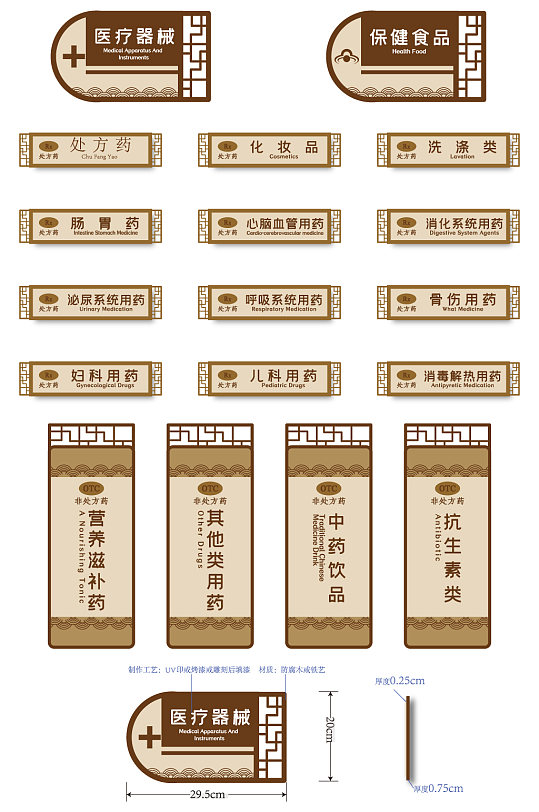 中國(guó)風(fēng)暖色調(diào)木紋色藥房藥店VI門(mén)牌 醫(yī)院科室牌