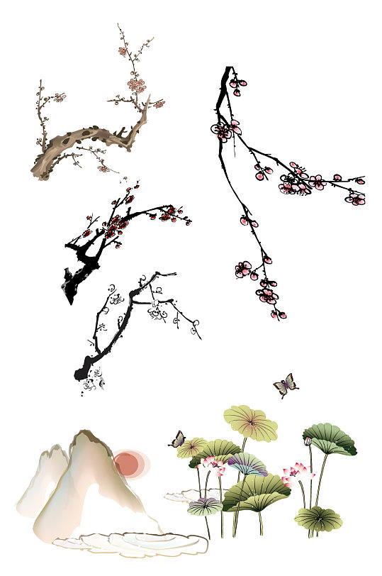 中国风梅花荷花山水