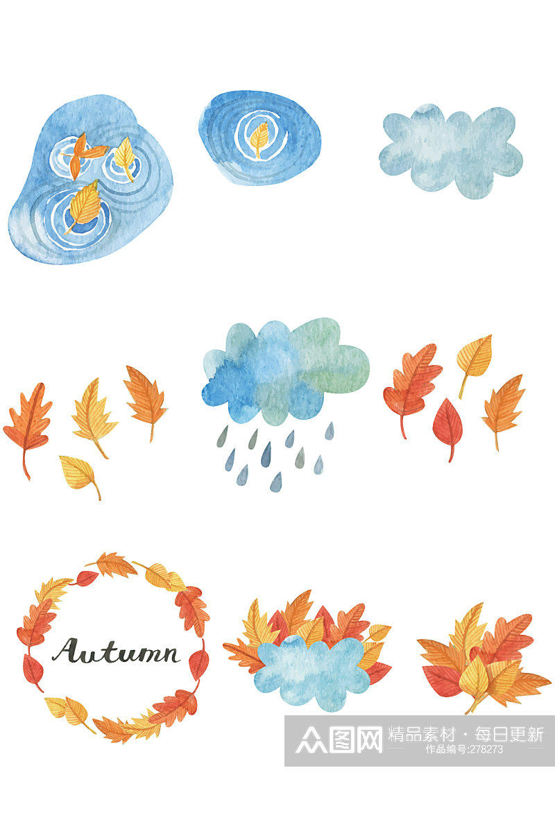 秋季落叶和云朵矢量素材素材
