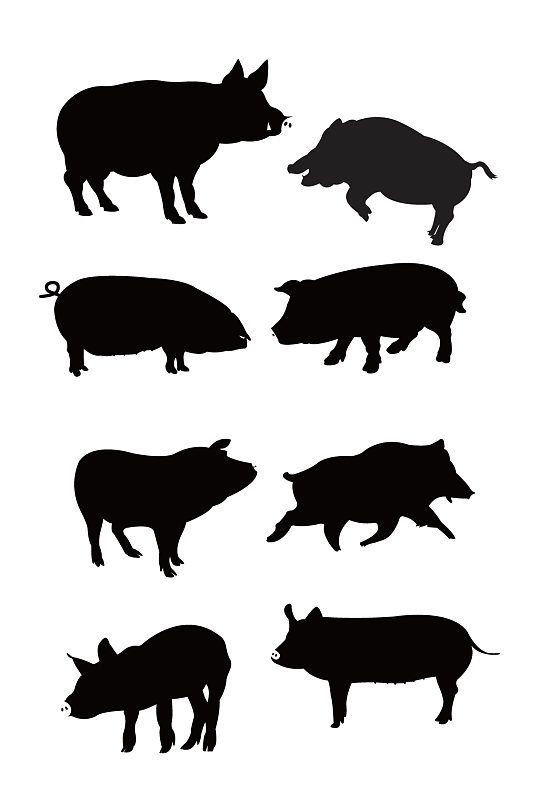 黑白剪影卡通猪图案元素