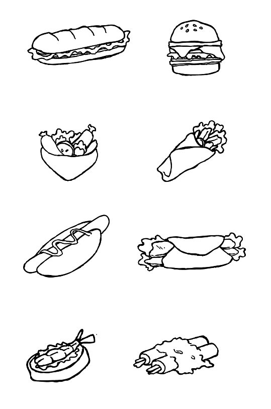 简约黑白线描汉堡美食元素