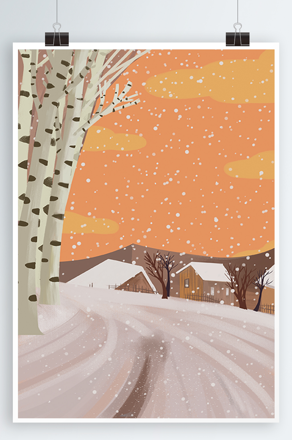 冬季房屋雪景插畫素材