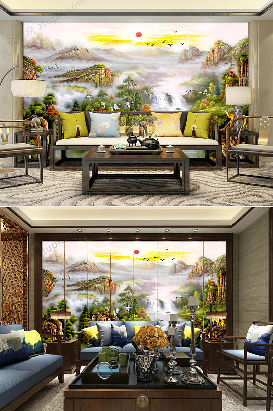 八方聚财中堂山水画-众图网