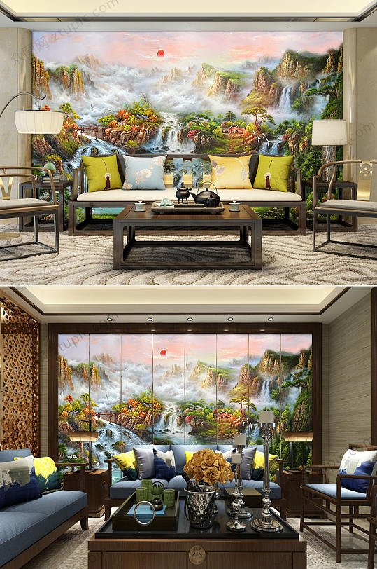 八方聚财中堂山水画-众图网