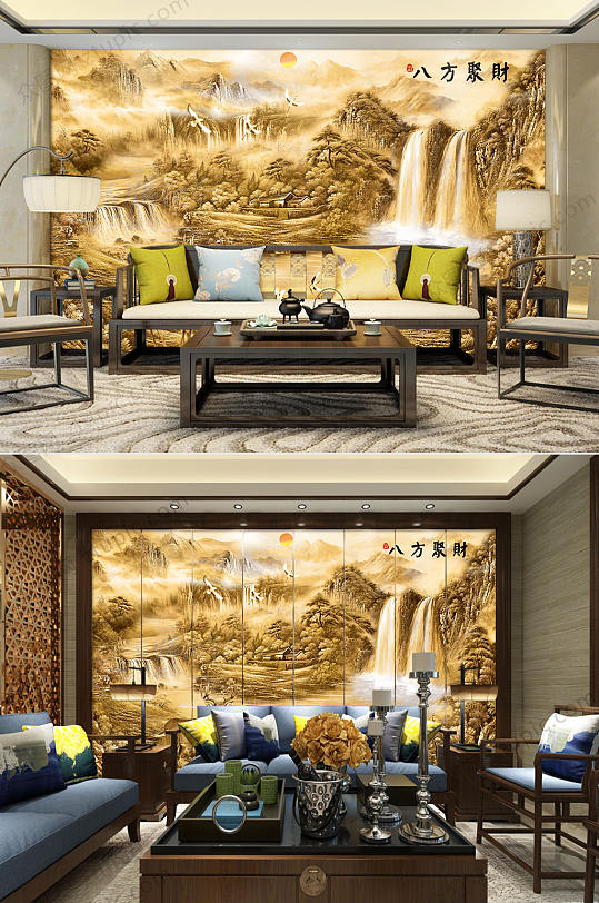 八方聚财中堂山水画-众图网