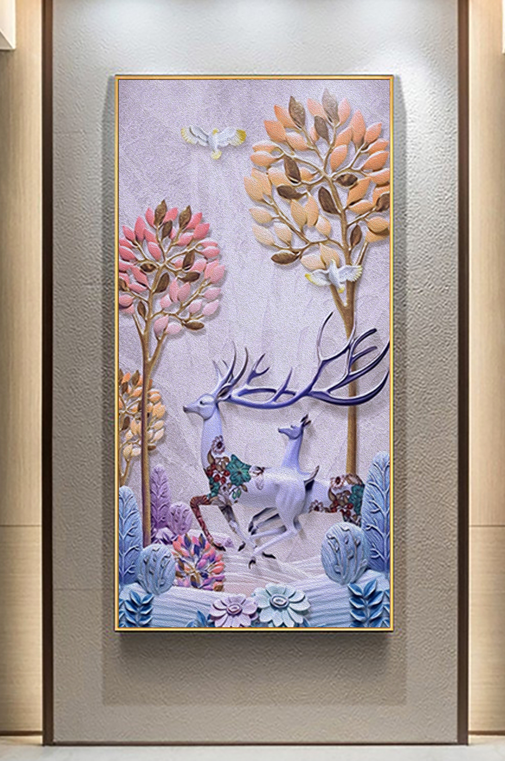 3d立体浮雕麋鹿发财树玄关画模板下载-编号645070-众图网