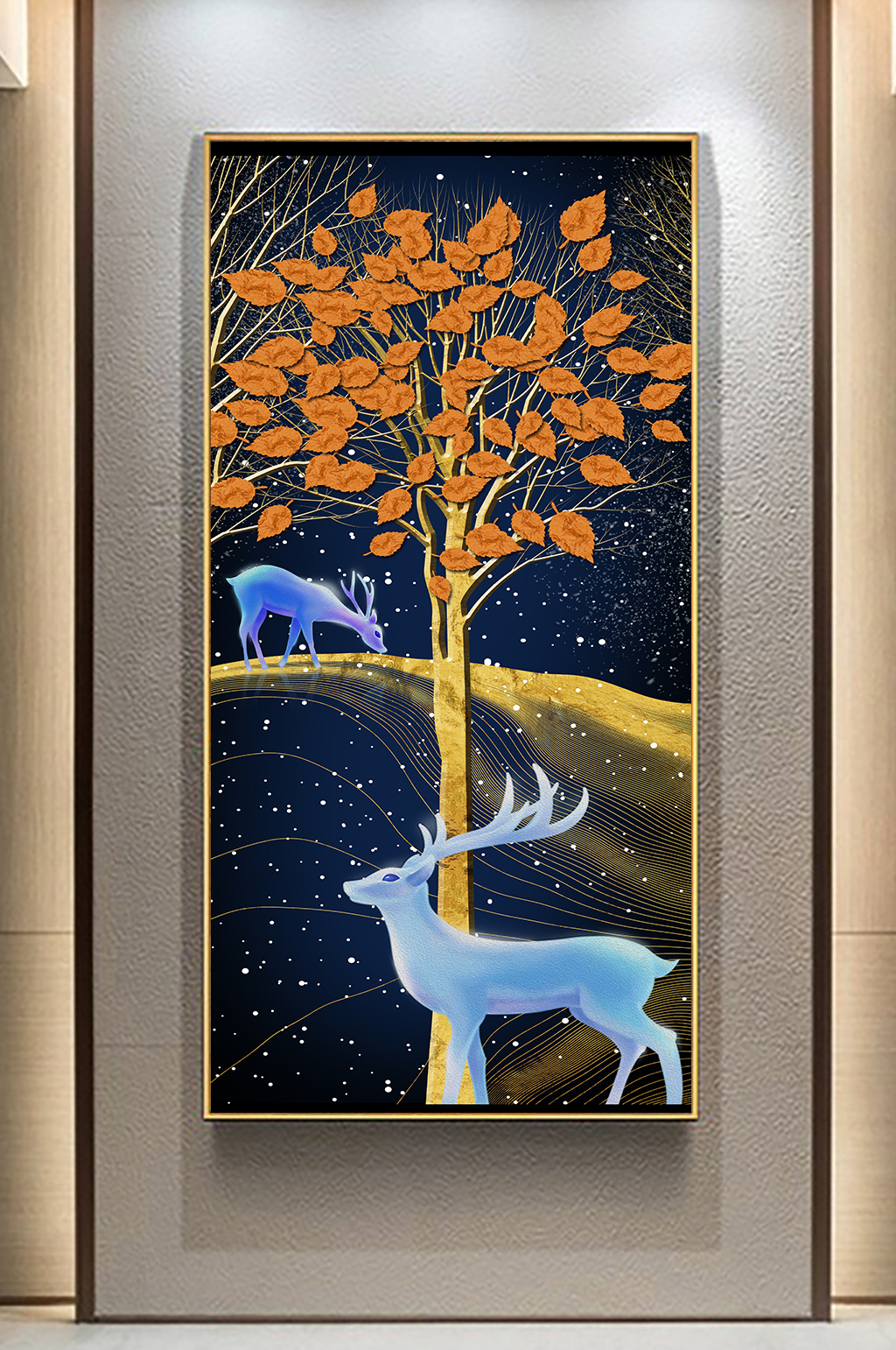 下载轻奢麋鹿发财树玄关画北欧麋鹿装饰挂画简约麋鹿山水玄关画麋鹿