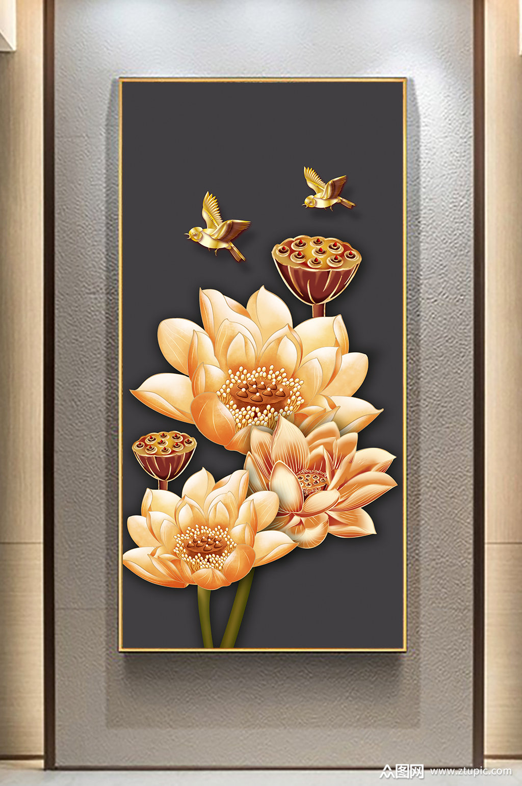 荷花蝴蝶金莲玄关画