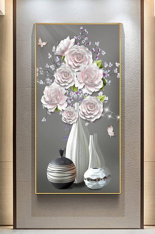 3d立体浮雕花瓶玄关画