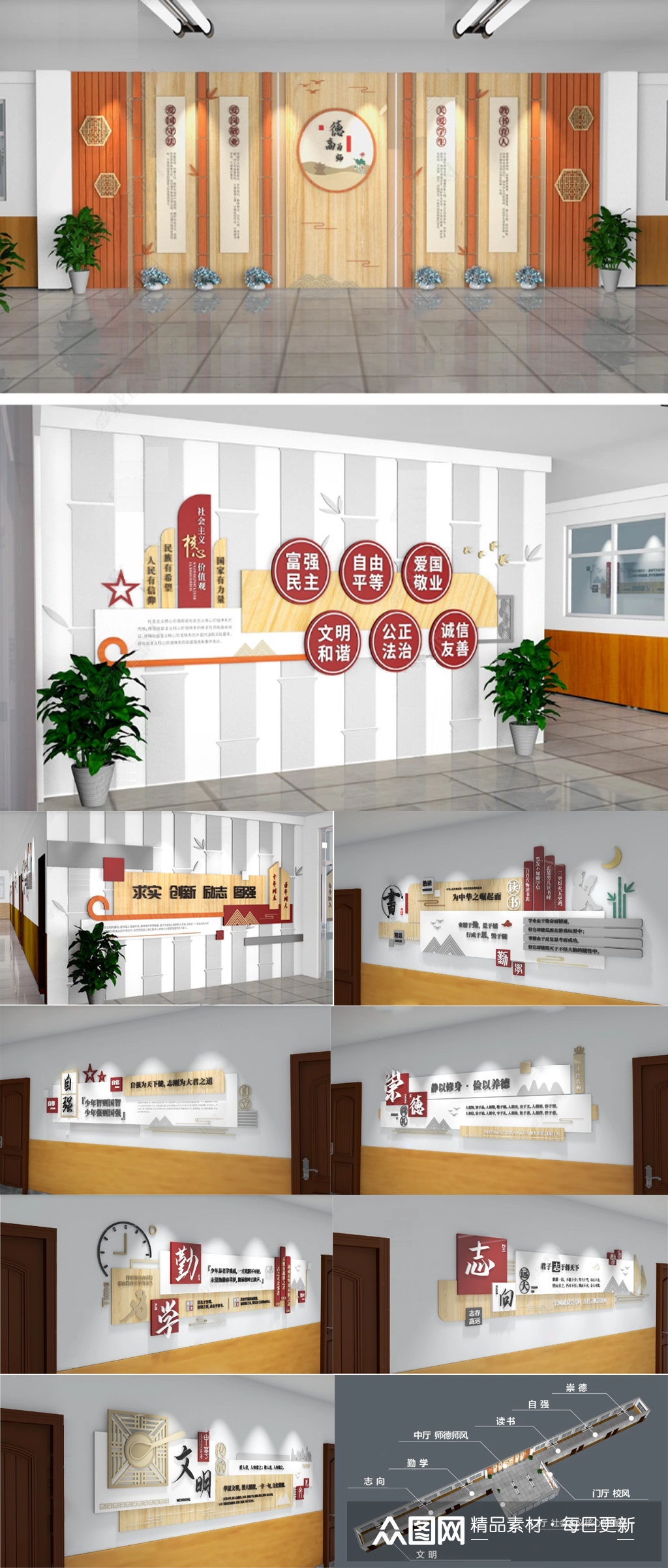 校园全套文化墙学校走廊文化创意设计图片模板下载-编号498616-众图网