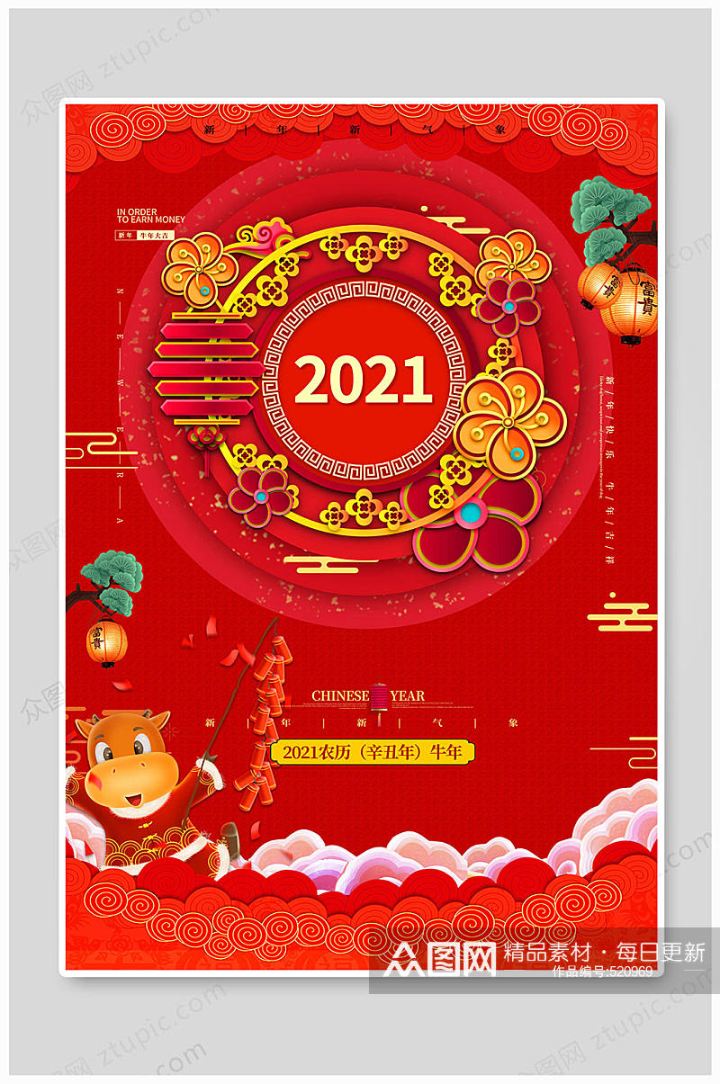 红色大气2021年牛年大吉素材