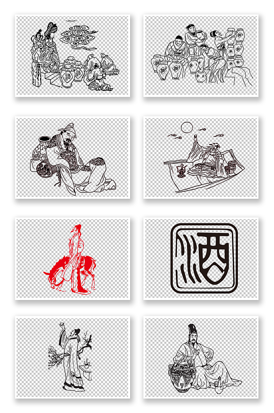 古代人物线描png素材 古风酒元素