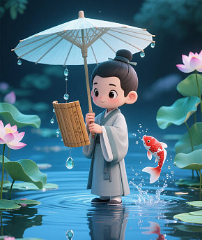 Q版书生执伞立荷塘竹简书卷挂琉璃插画素材下载-众图网