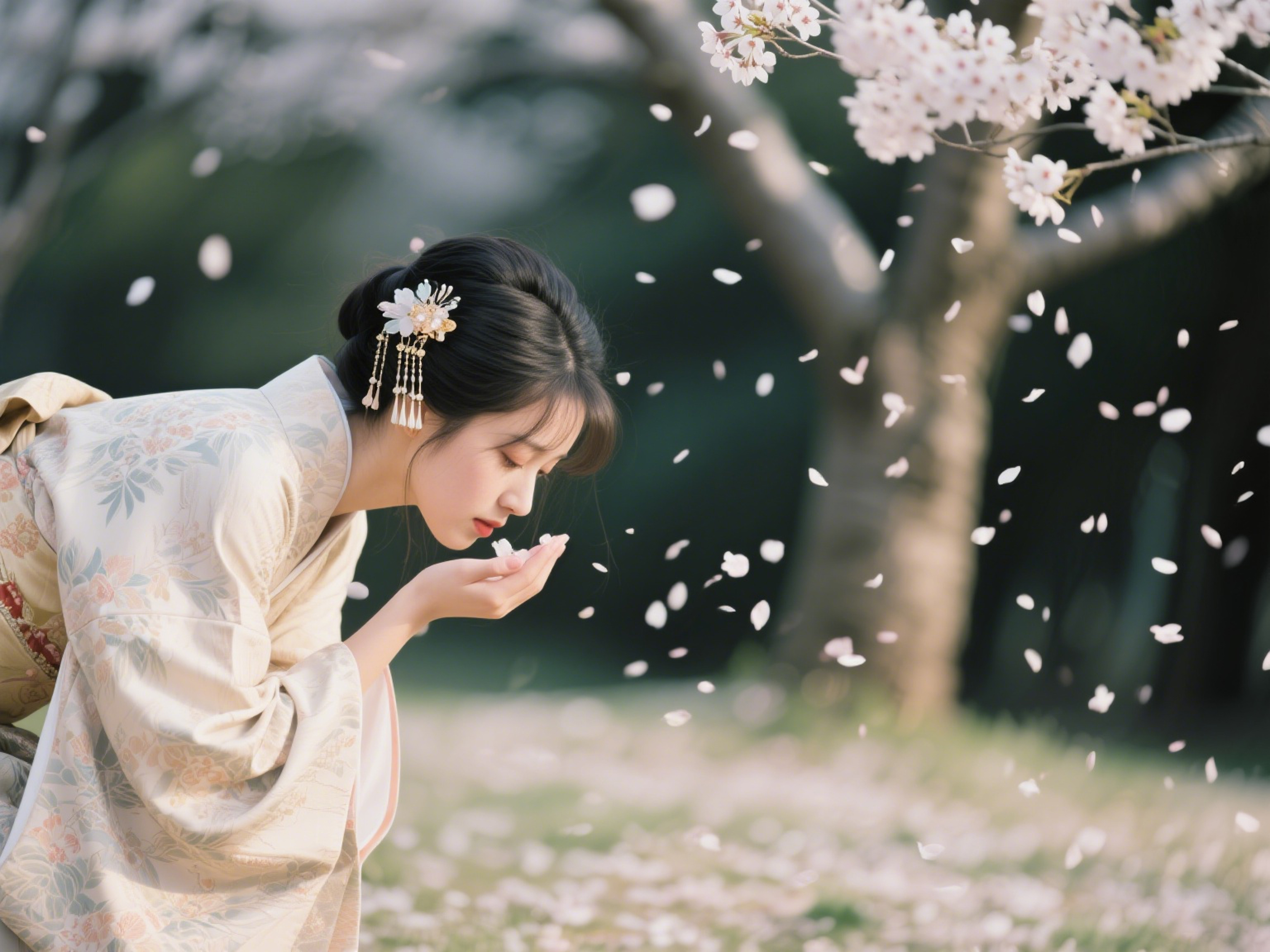 樱花树下生活场景汉服少女素材