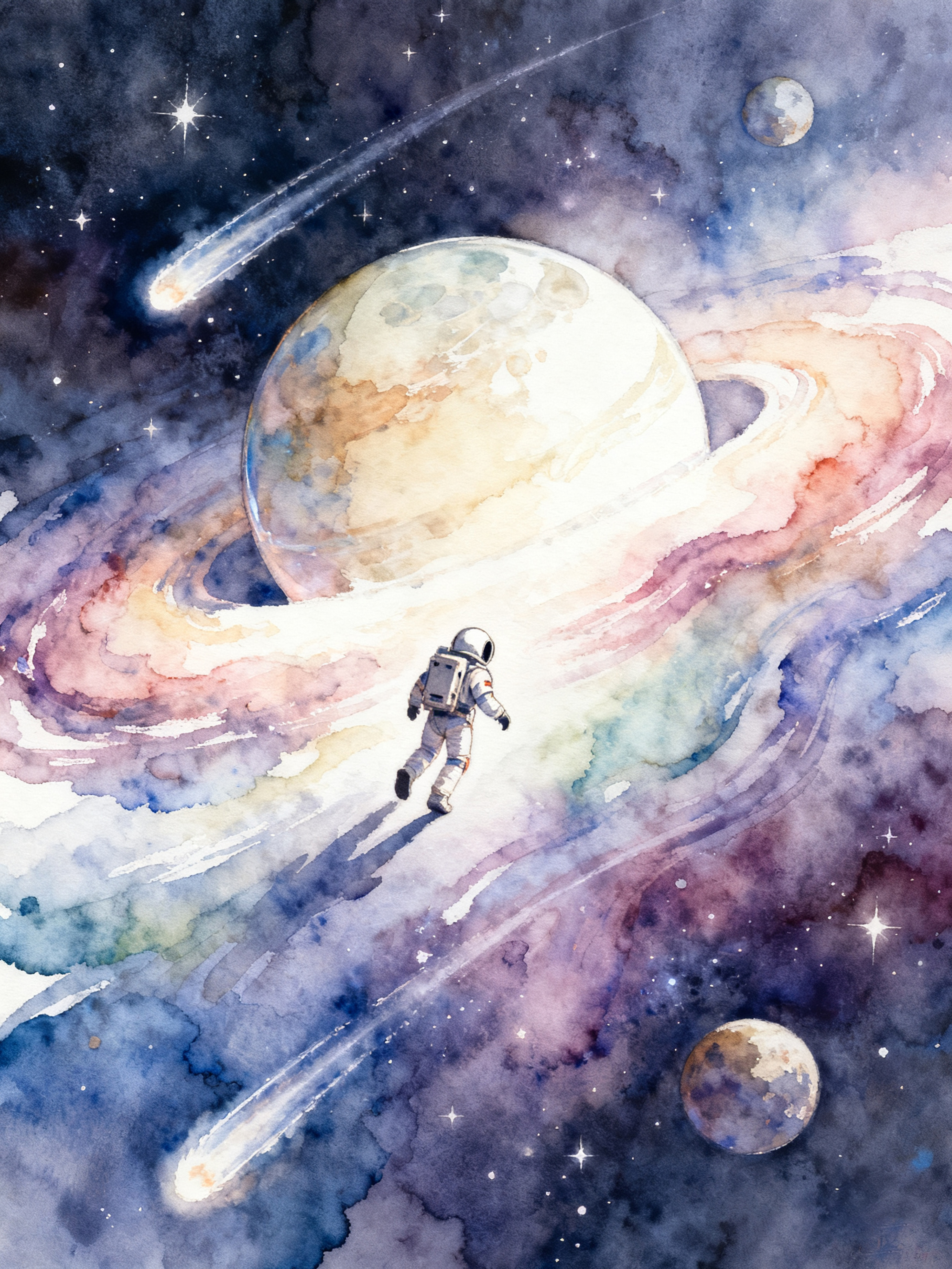 水彩风格宇宙宇航员在星球间穿行素材