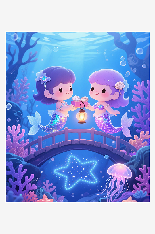 七夕海底Q版人鱼情侣在珊瑚鹊桥交换插画