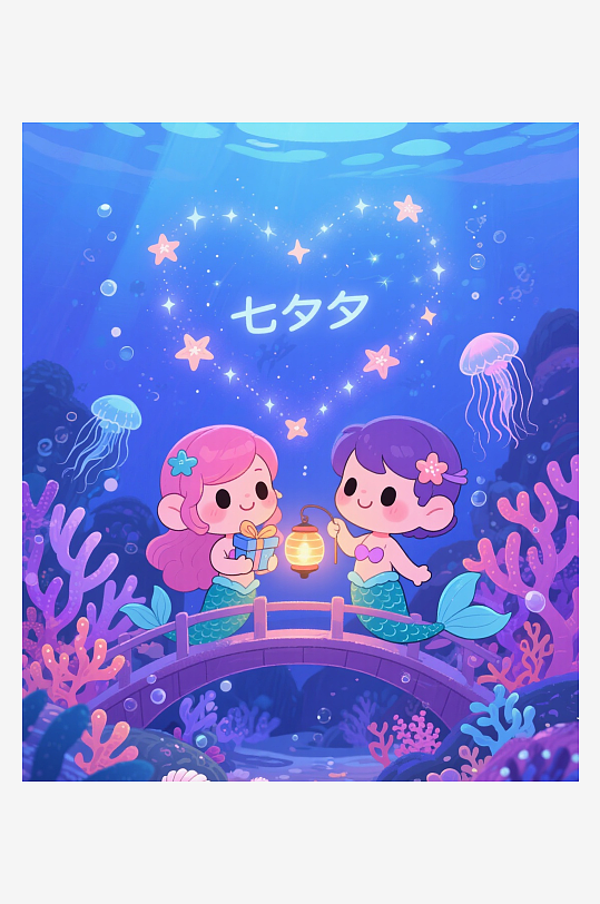七夕海底Q版人鱼情侣在珊瑚鹊桥交换插画