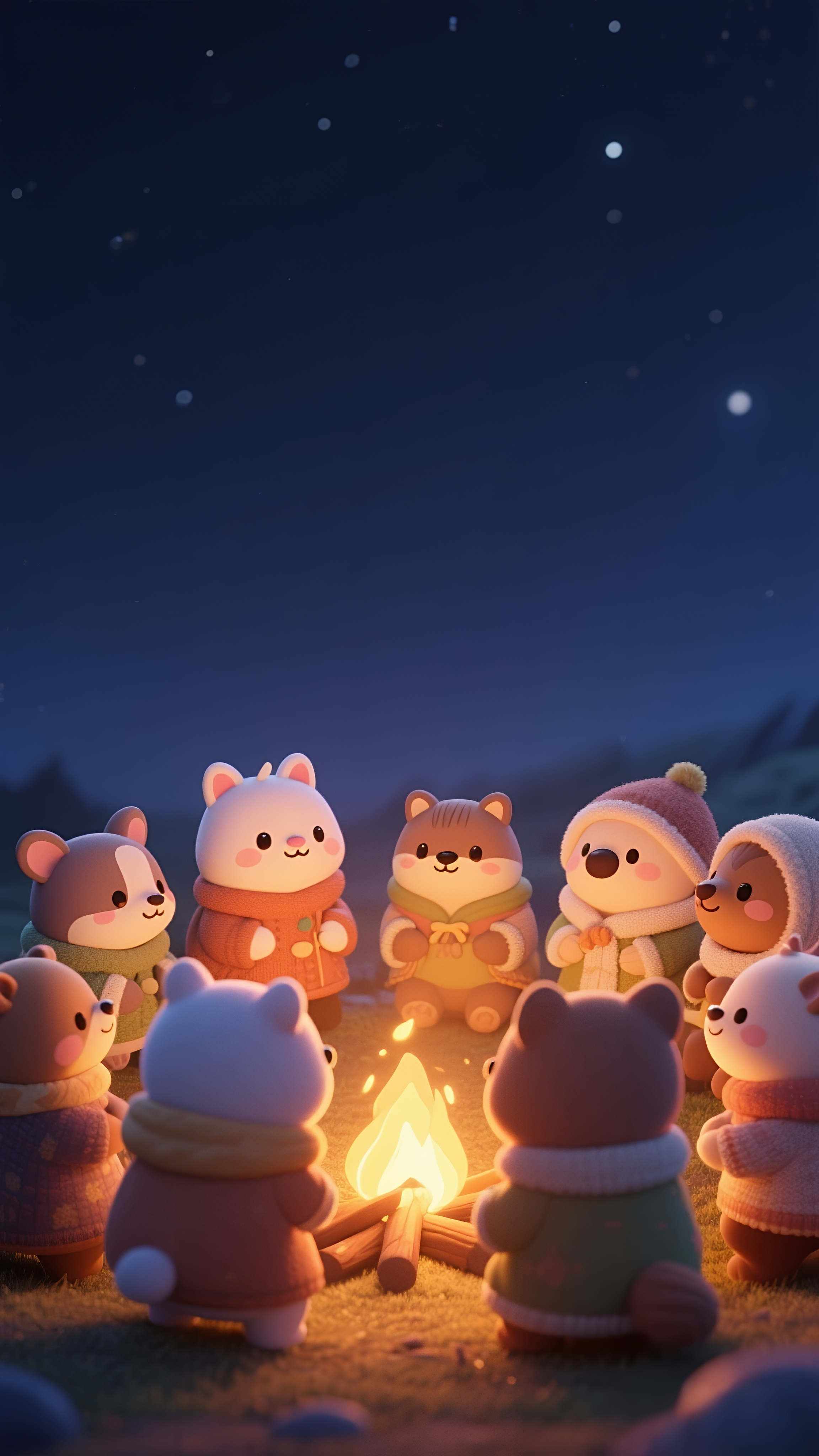 夜晚篝火旁的可爱玩偶聚会素材