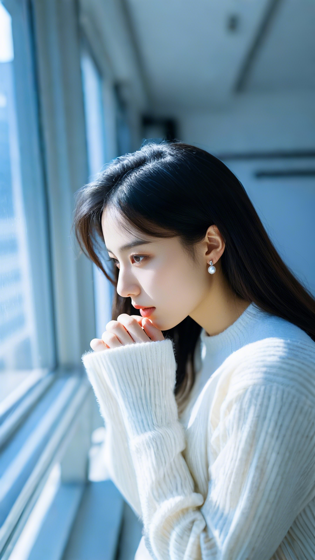 窗边沉思的白衣女子素材