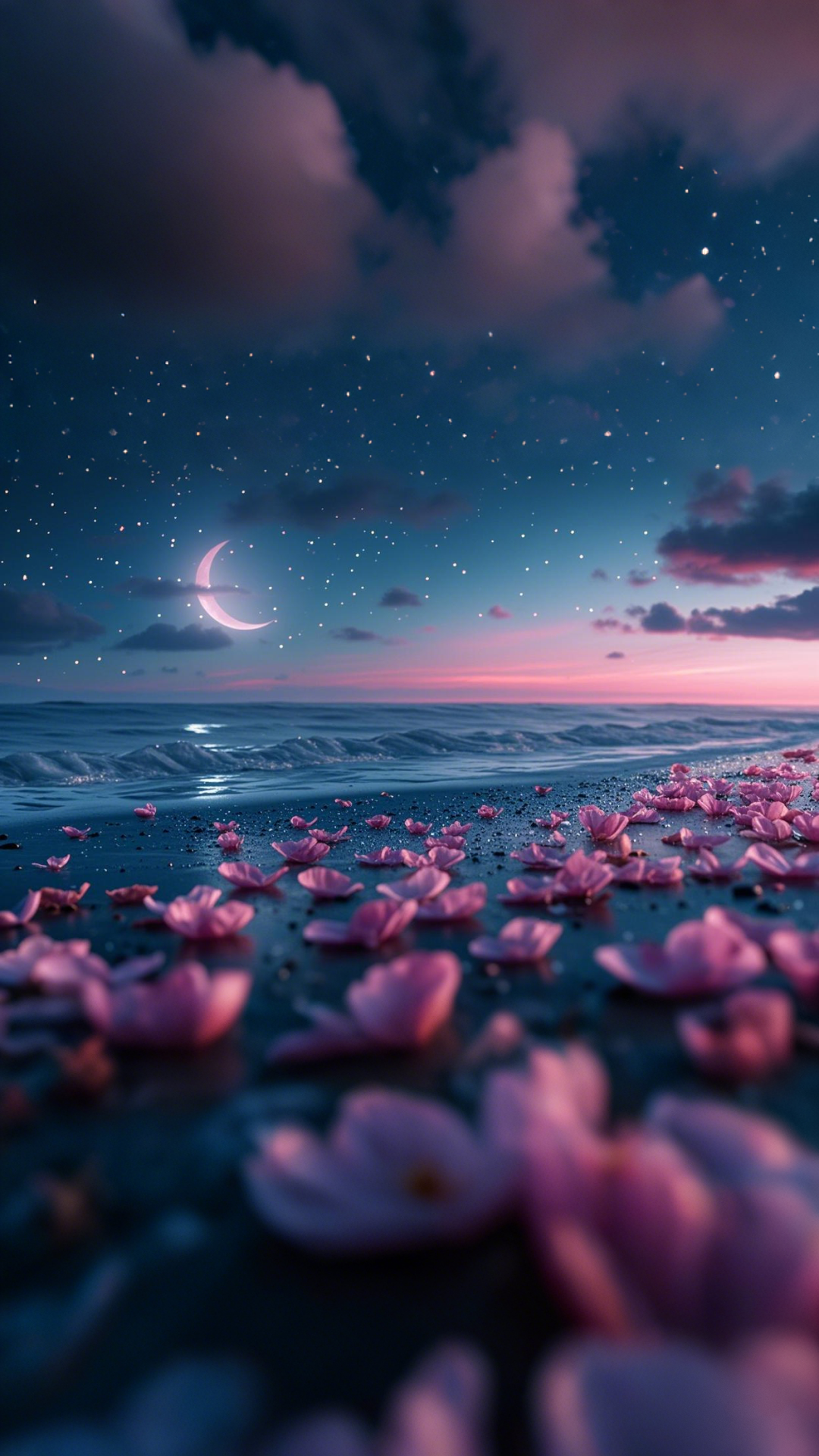 月夜下的浪漫花瓣海洋素材