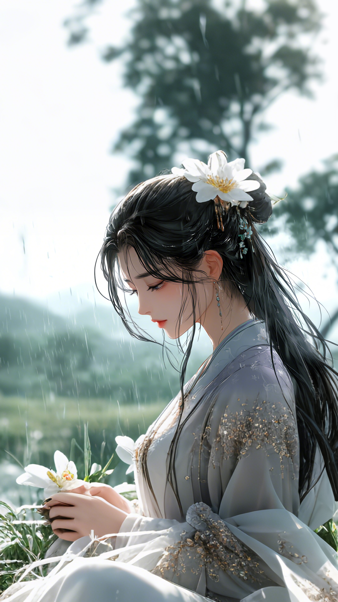 古风女子青丝垂落显温婉素材
