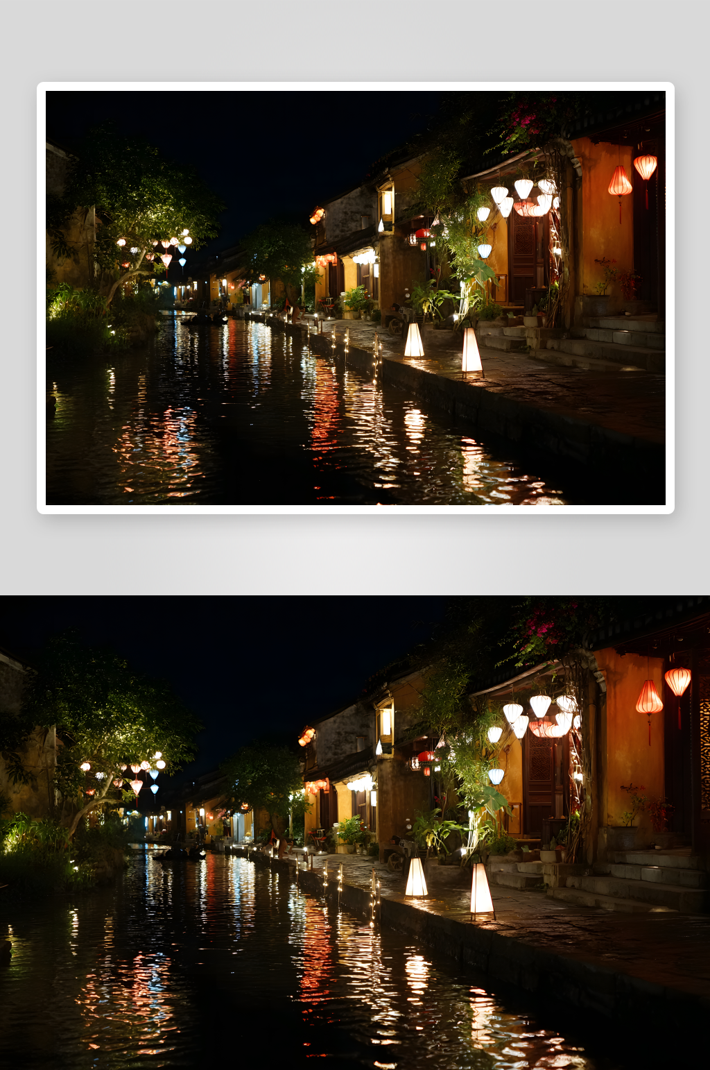 水乡夜景河畔灯火映波光素材