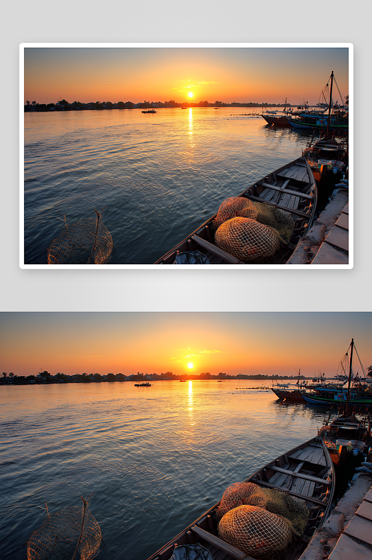 夕阳下停泊的多彩渔船-众图网