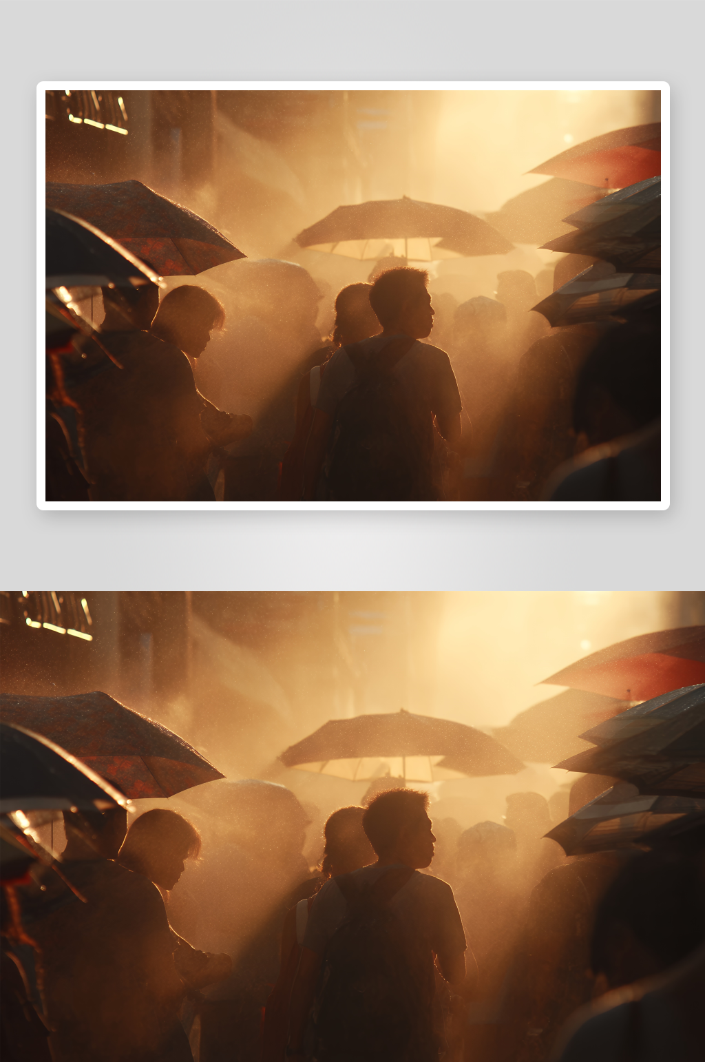 雨中人群撑伞的朦胧景象素材