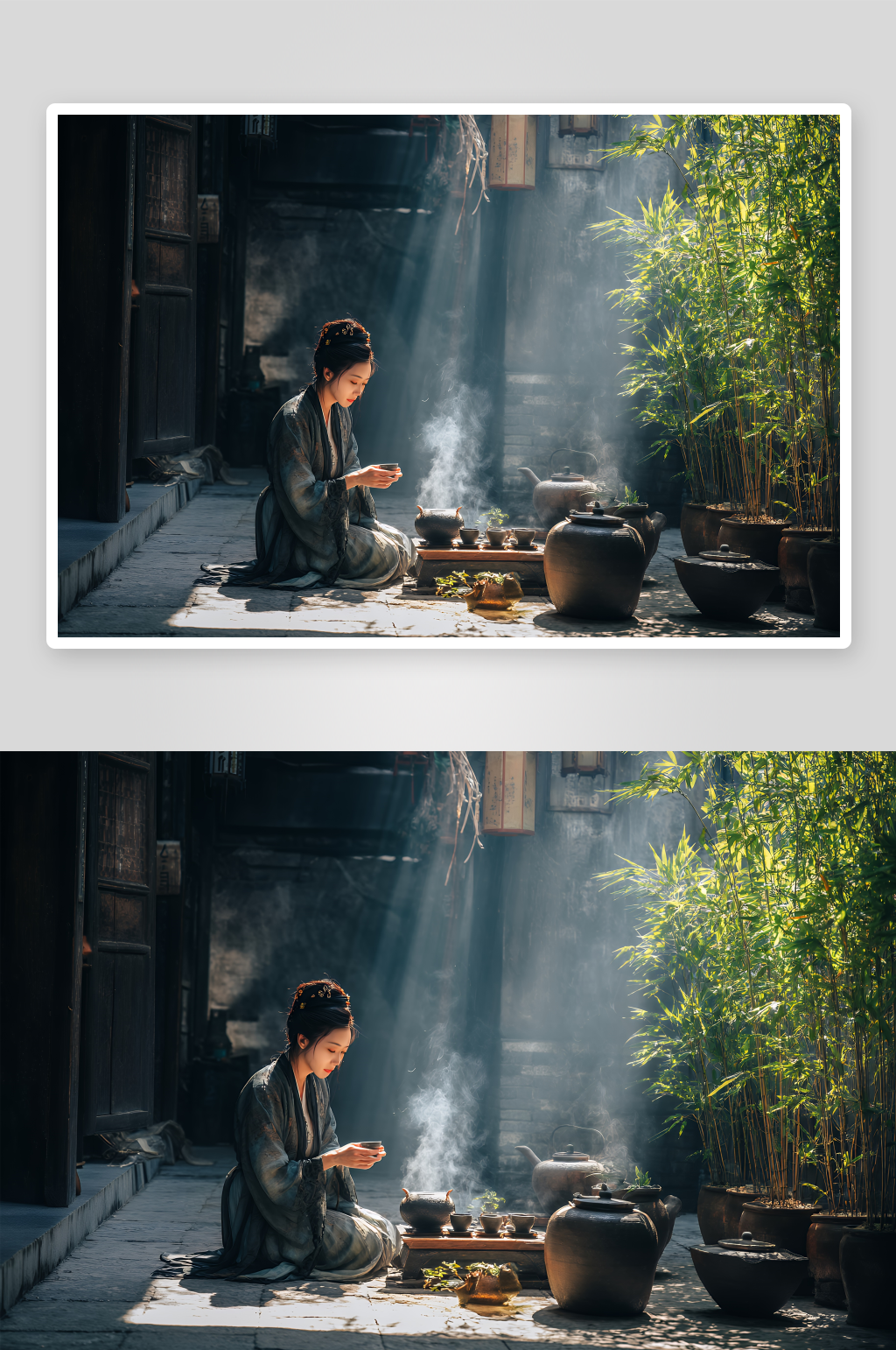 古巷中女子专注烹饪场景素材