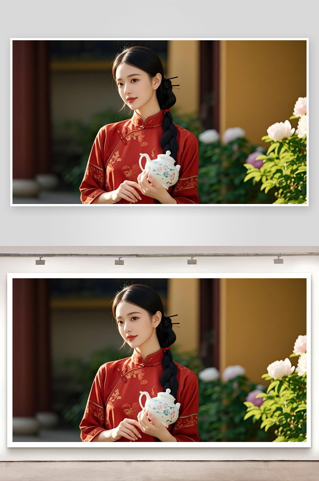 红衣女子手持白瓷优雅而立素材