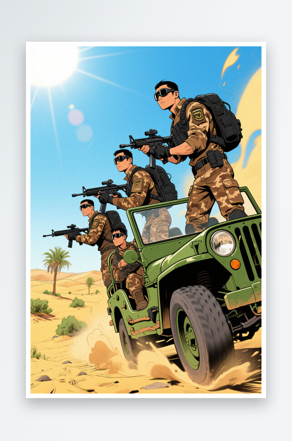 越野吉普上的武装士兵素材
