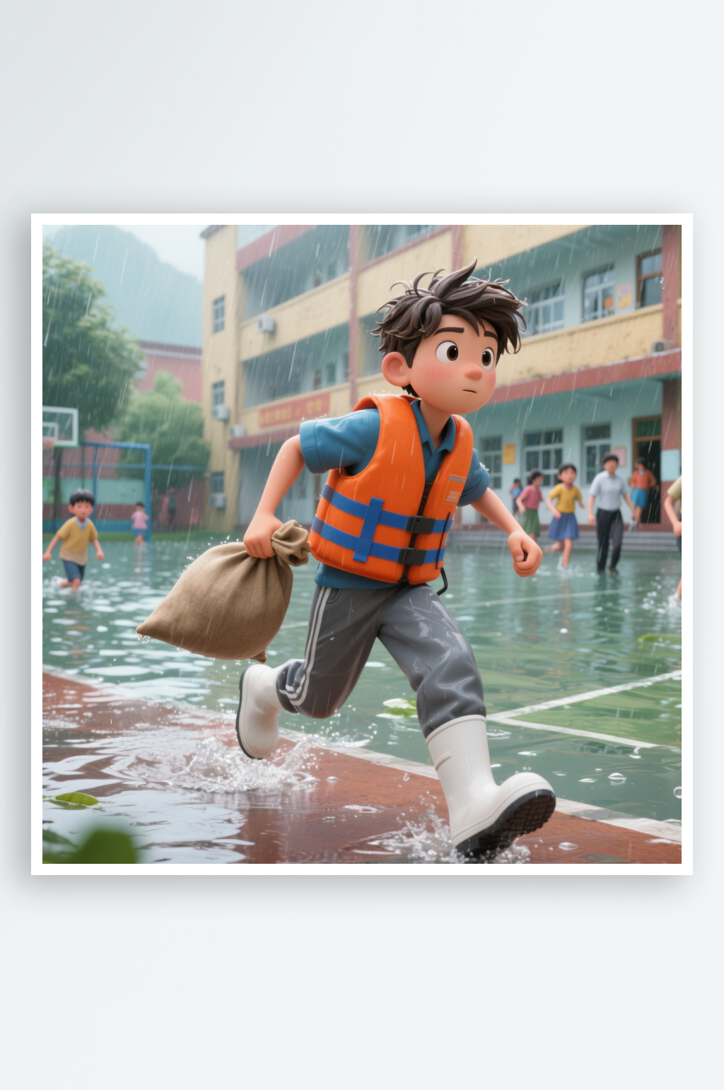 雨中奔跑的小男孩素材