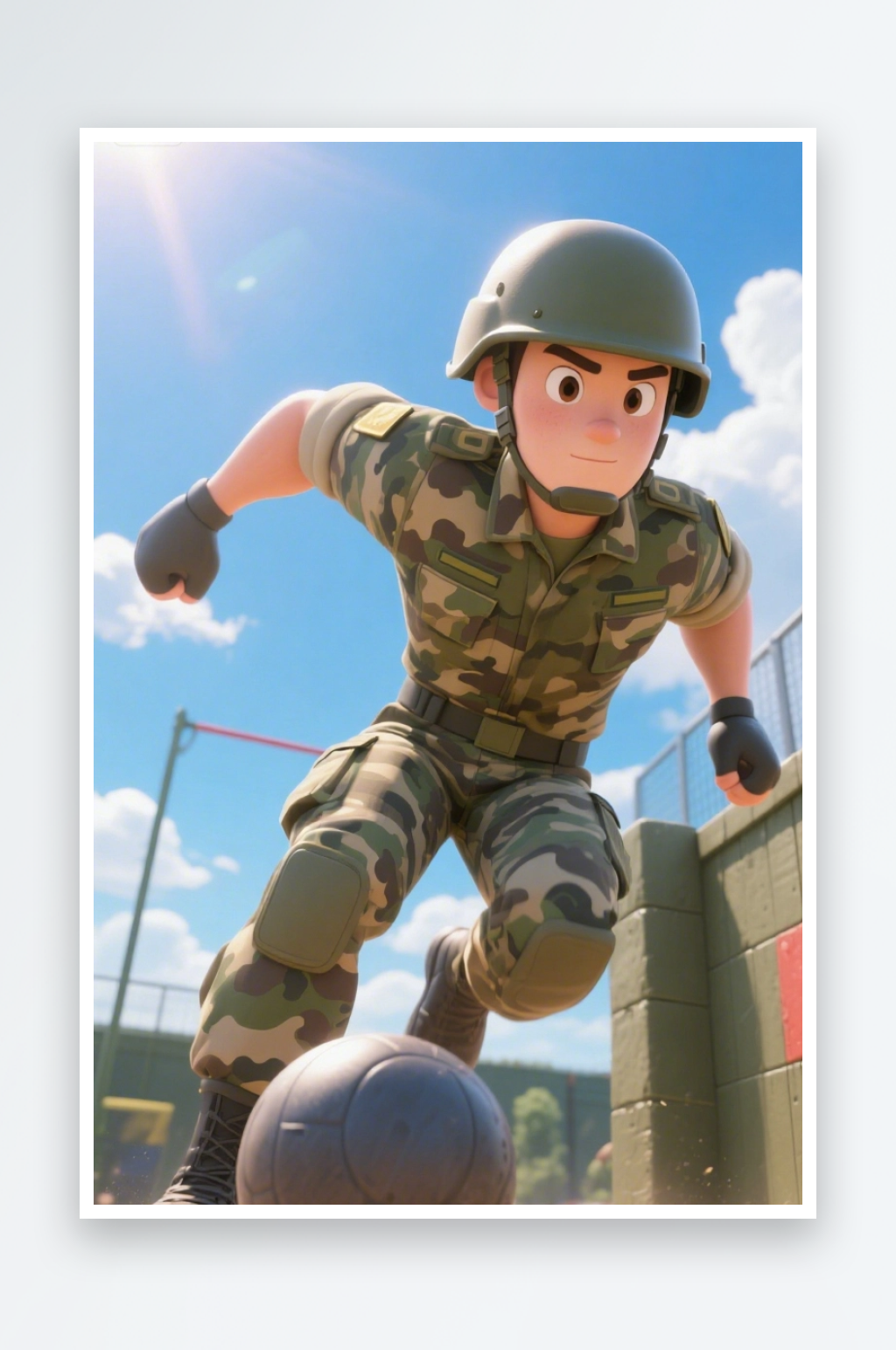 卡通士兵踢动黑色圆球素材