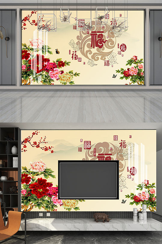 花开富贵电视背景墙-众图网