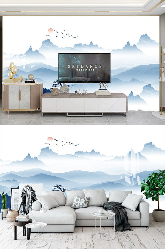 中式抽象山水背景墙-众图网