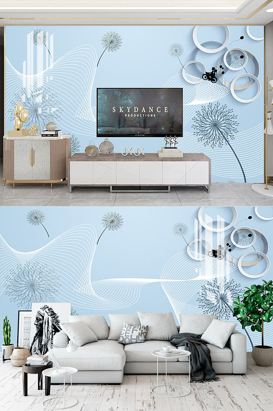 现代简约蒲公英背景墙-众图网