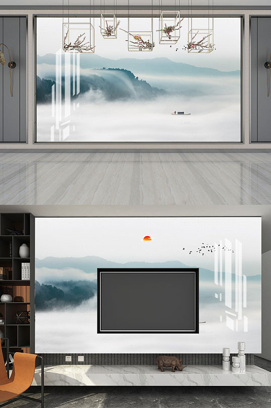 中式山水电视背景墙-众图网