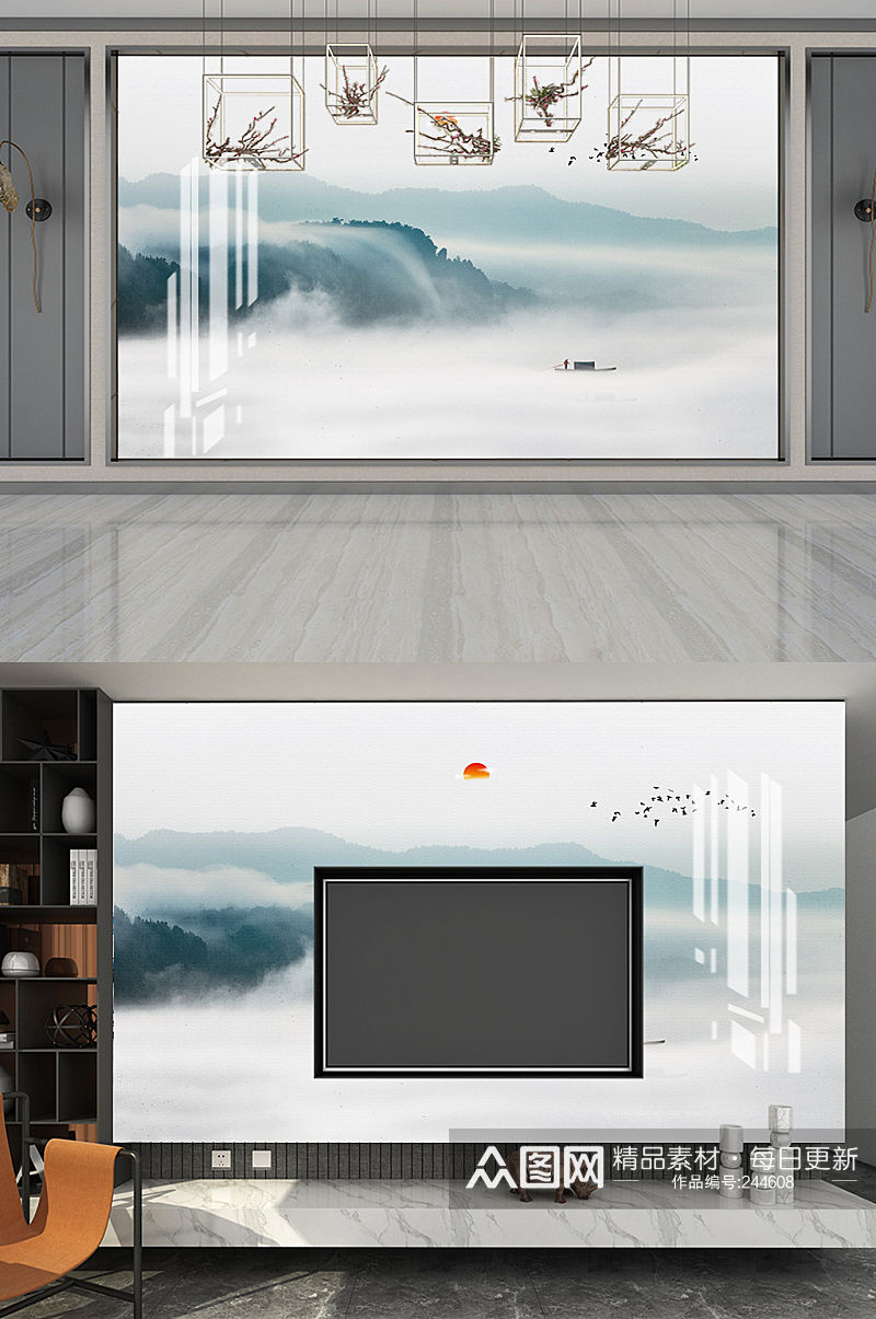中式山水电视背景墙素材