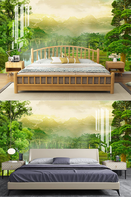 树林风景卧室背景墙-众图网