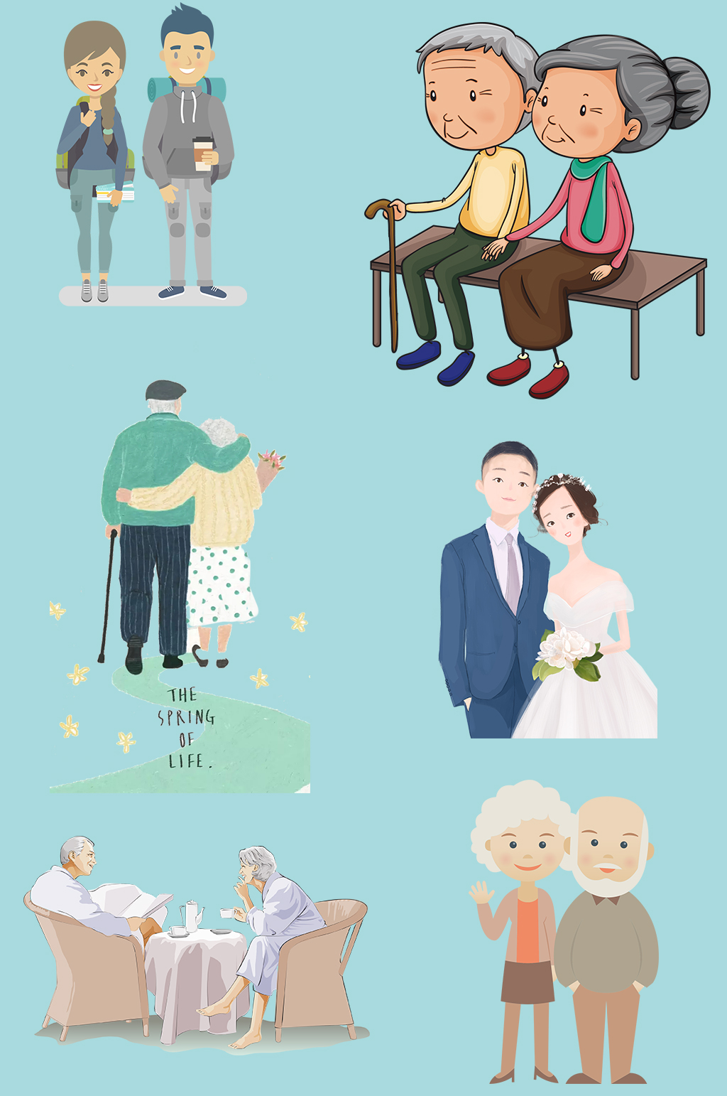 老夫妻年轻夫妻手绘素材