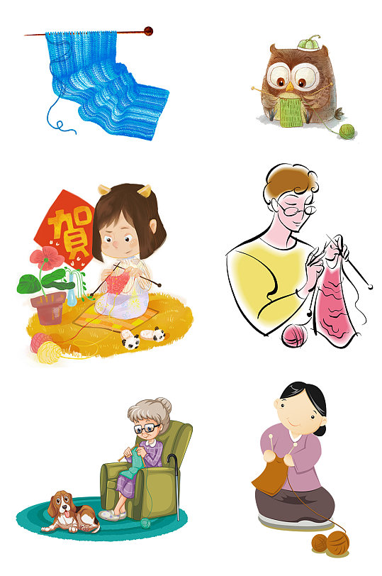 >可爱织毛衣的老奶奶节日祝福卡矢量图