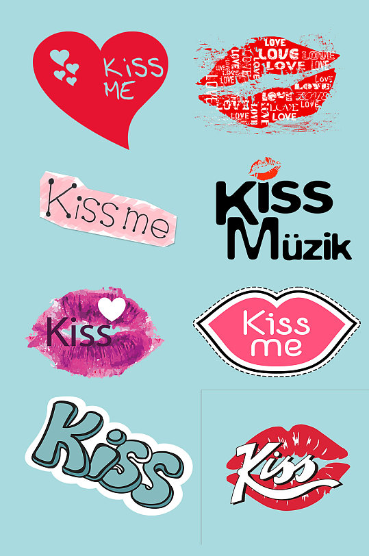 手绘卡通红心kiss