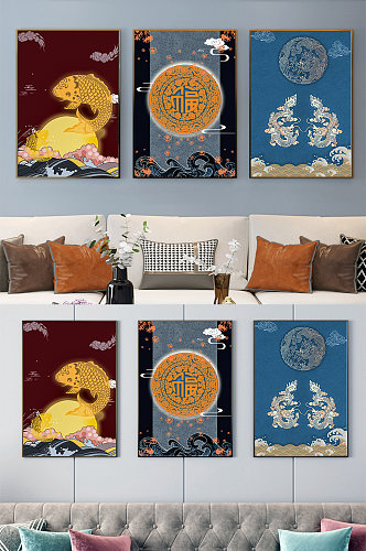 古典中国风三联中式沙发背景墙装饰画