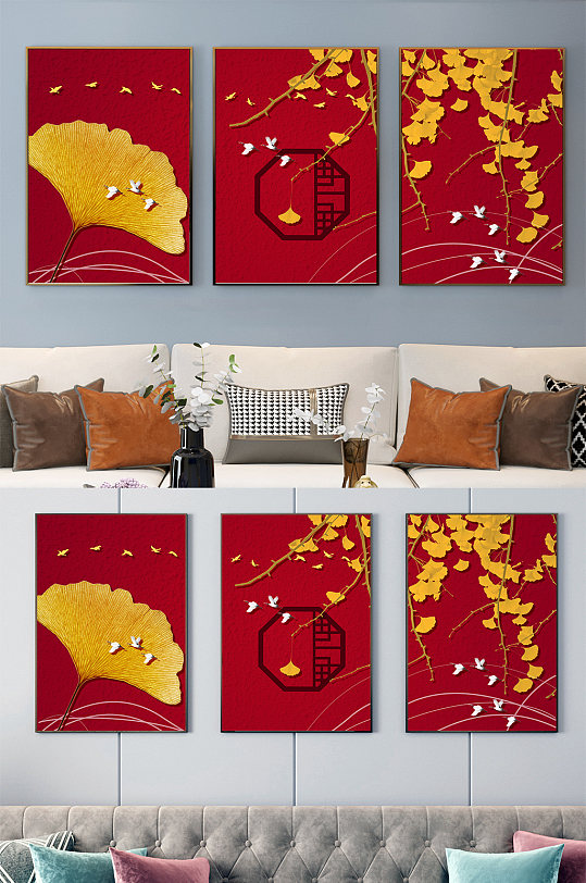 传统中式梧桐叶三联画-众图网