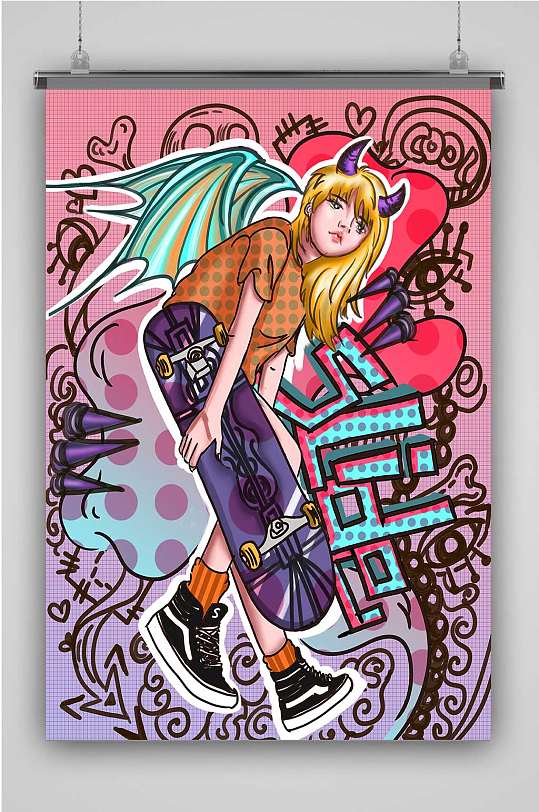 滑板女孩酷翅膀板鞋涂鸦pop运动炫彩波点