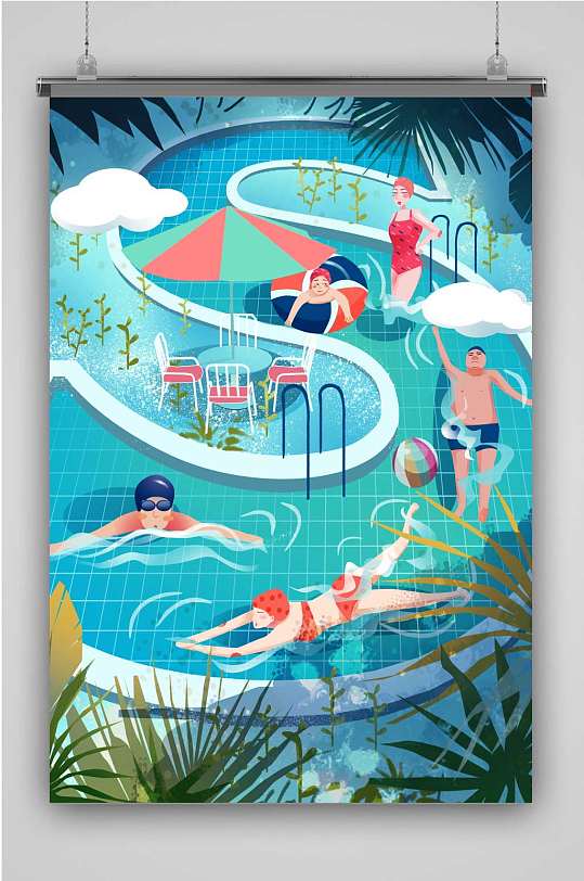游泳创意卡通插画宣传海报