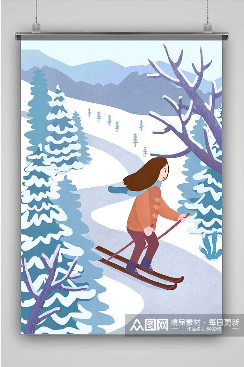 创意卡通冬季女孩滑雪插画海报素材